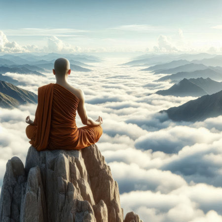 A monk in meditation on the top of a mountainの素材