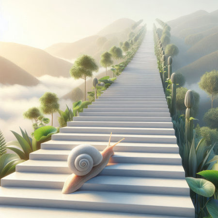 The snail slowly crawls up the endless staircaseの素材