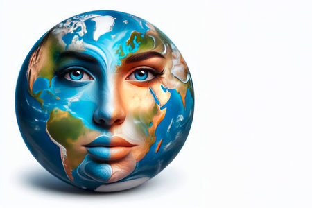 The face of a woman in the shape of planet Earth. Space for textの素材