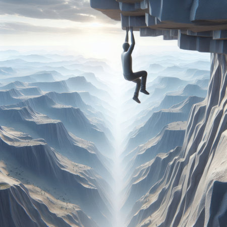 A man hangs on the edge of a cliff over an abyssの素材