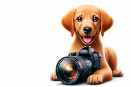 A puppy with a camera. Space for textの素材