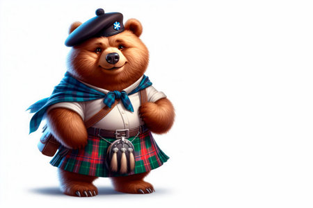 A smiling bear in a traditional Scottish kilt. Space for textの素材
