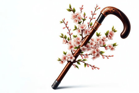 A cane with cherry blossom branches. Space for textの素材