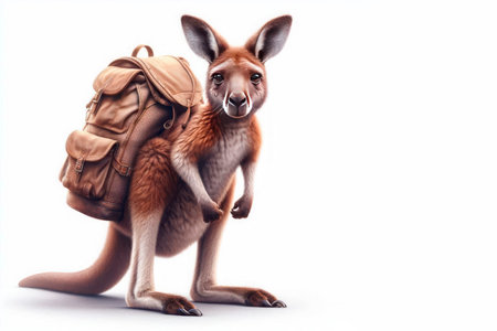 Kangaroo with backpack, ready to travel. Space for textの素材