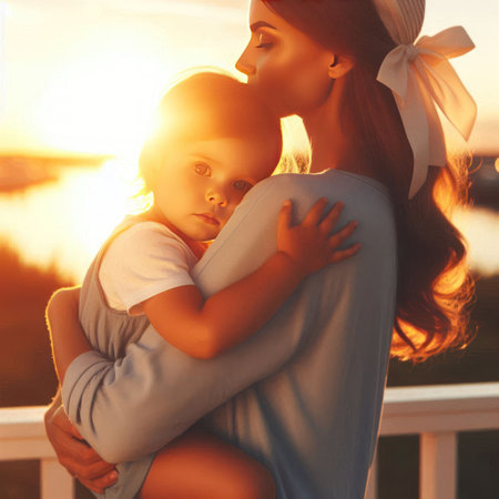 A mother gently hugs a child at sunsetの素材