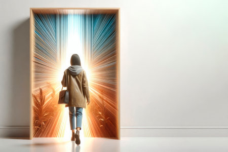 The girl enters the glowing portal. Space for textの素材