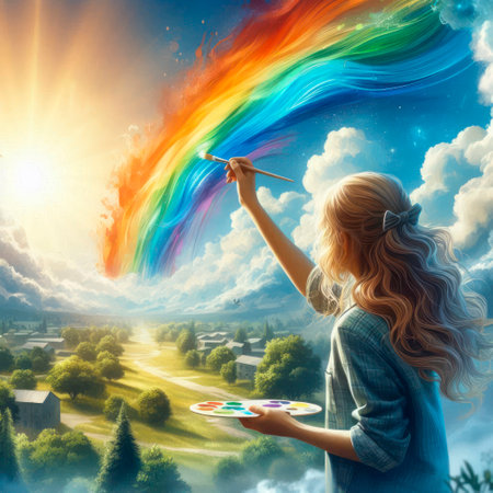 A girl draws a rainbow in the sky above the landscapeの素材