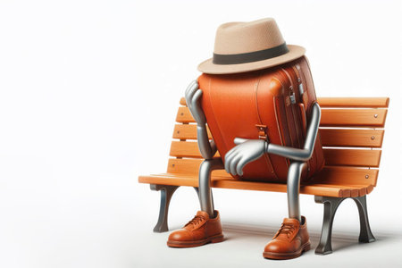 The revived suitcase is sitting on a bench in a hat and boots. Space for textの素材