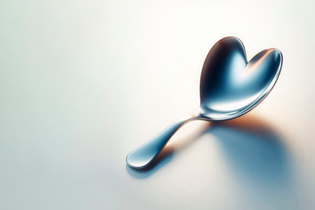 A metal spoon in the shape of a heart on a light background. Space for textの素材