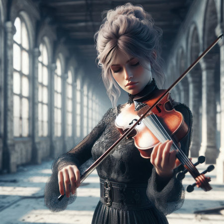 A girl plays the violin in an abandoned hallの素材