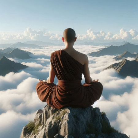A monk meditates on the top of the mountains above the cloudsの素材