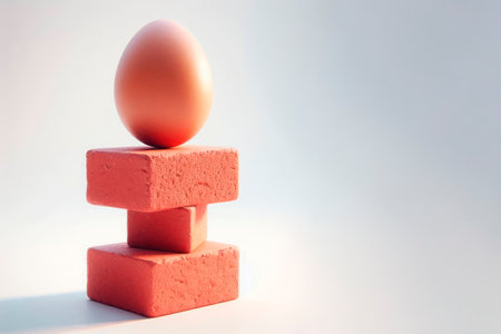 A fragile egg on a rough brick structure. Space for textの素材