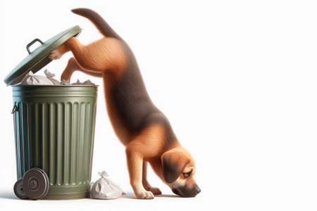 The dog rummages through the garbage can. Space for textの素材
