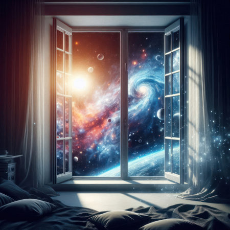 An open window overlooking space from a dark roomの素材