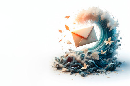 A wave with a letter among autumn leaves on a light background. Space for textの素材