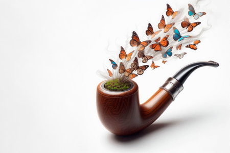 A smoking pipe from which butterflies fly out. Space for textの素材