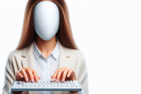 A woman with a blank face typing on a keyboard. Space for textの素材