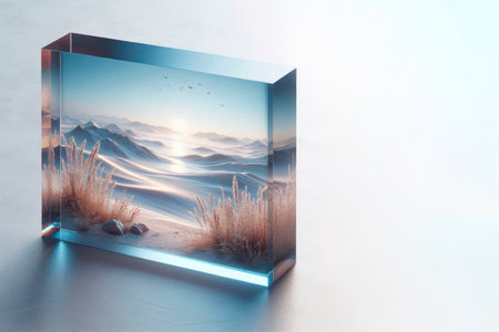 Transparent block with a winter landscape inside. Space for textの素材