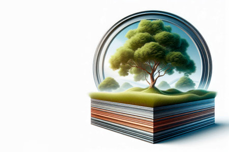 A tree in a round portal on a green hill. Space for textの素材