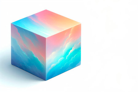 A cube with delicate clouds and iridescent shades. Space for textの素材