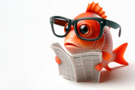 A fish with glasses reading a newspaper. Space for textの素材