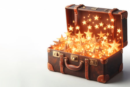 An old suitcase full of glowing stars. Space for textの素材