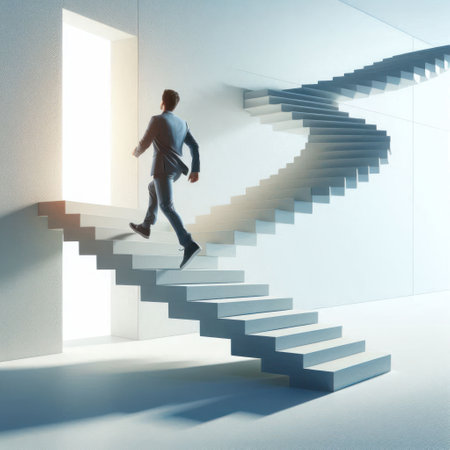 A man in a suit climbs the stairs to the lightの素材