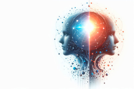 Two faces with a glowing sphere in the middle. Space for textの素材