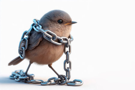 Bird in chains on a light background. Space for textの素材