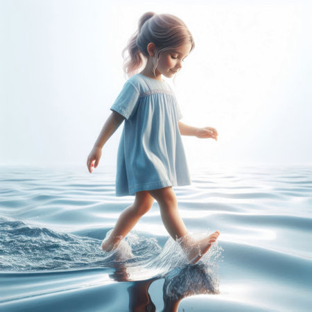A little girl walks on water as if on dry landの素材