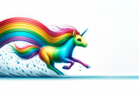The rainbow unicorn races, leaving water spray in its wake. Space for textの素材