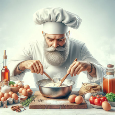 An elderly chef prepares dough in the kitchenの素材