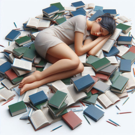 The girl sleeps on a pile of books and pencilsの素材