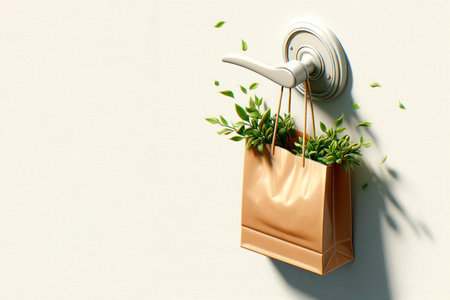 Eco-bag with greenery on the door handle. Space for textの素材