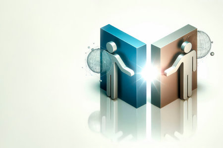 Two figures of people between walls with bright light. Space for textの素材