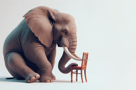 An elephant sits in front of a wooden chair. Space for textの素材