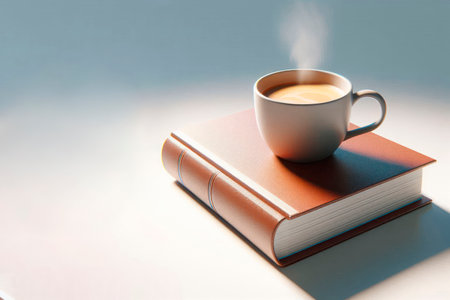 A cup of coffee on a closed book. Space for textの素材