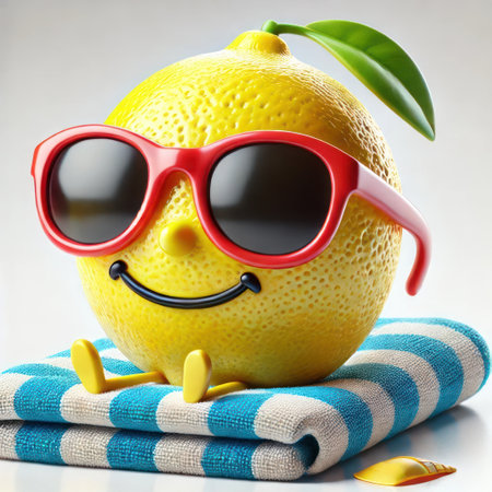 Lemon in sunglasses sunbathing on a towelの素材