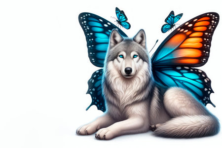 A wolf with butterfly wings and flying butterflies around. Space for textの素材