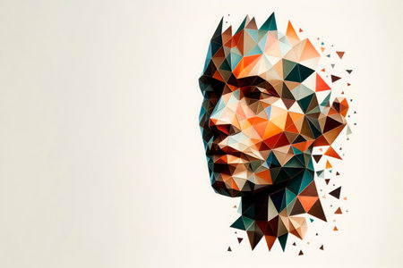 An abstract face made of multi-colored triangles. Space for textの素材