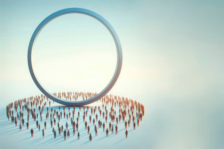 A large metal ring surrounded by many people. Space for textの素材