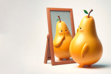 A smiling pear looks in the mirror. Space for textの素材