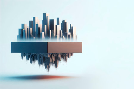 Floating city on a platform with a destroyed base. Space for textの素材