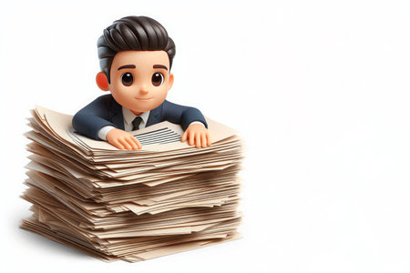 A businessman is drowning in papers. Space for textの素材