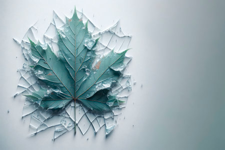 A maple leaf lying on broken glass. Space for textの素材