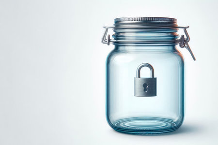 A glass jar with a lock hanging inside. Space for textの素材