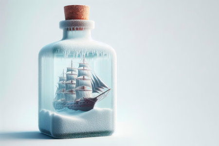 A frozen ship in a bottle. Space for textの素材