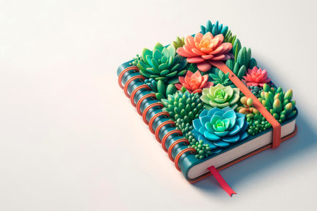 A notebook covered in succulents. Space for textの素材