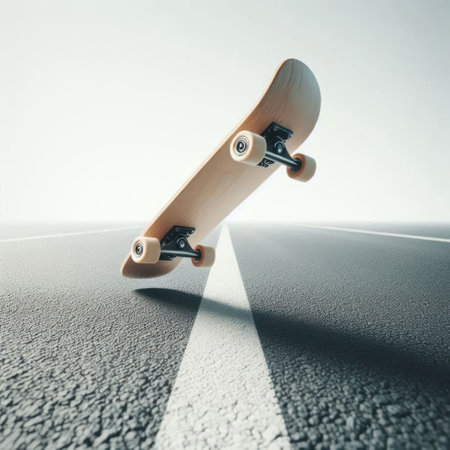 Levitating wooden skateboard over the roadの素材