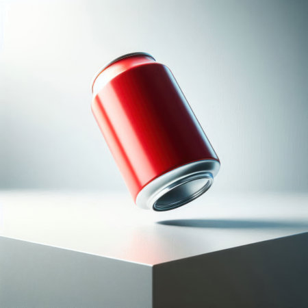 A red aluminum can in the air. Space for textの素材